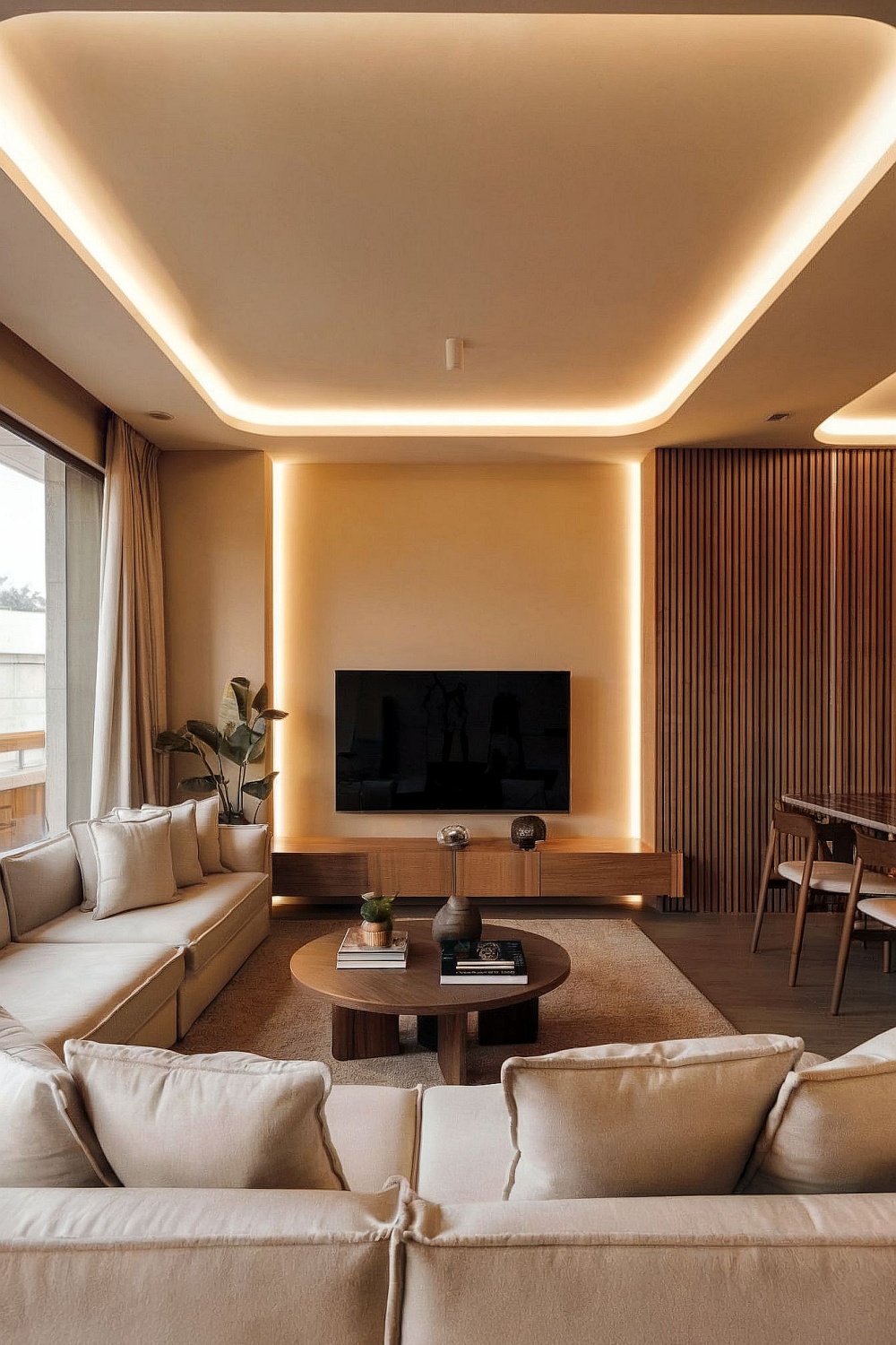 TV Wand Ideen Wohnzimmer mit moderner TV-Wandgestaltung: Modernes Wohnzimmer mit stilvoller Fernsehwand-Gestaltung, indirekter Beleuchtung und schwebendem Lowboard. Dezente Farben, warme Holzelemente und eine cleane TV-Wand-Deko sorgen für ein harmonisches Gesamtbild. Die Wohnzimmer-TV-Wand modern inszeniert den Fernseher als Teil des Interior Designs.