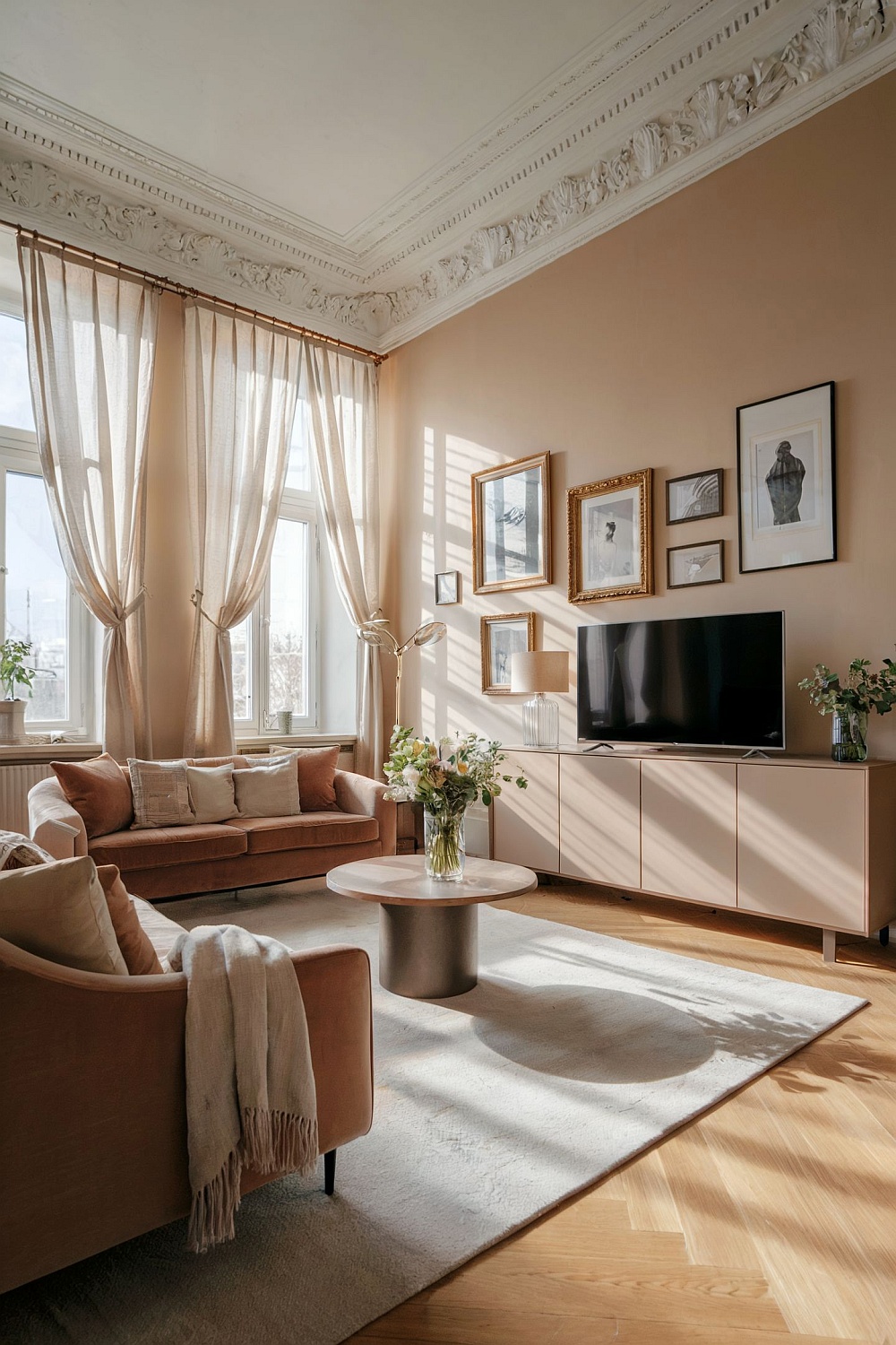 Elegantes Altbau Wohnzimmer mit hohen Decken, Stuck, warmen Farben und modernen Möbeln. Stilvolle Sofas, große Fenster mit fließenden Vorhängen und eine harmonische Wandgestaltung mit gerahmten Kunstwerken sorgen für eine zeitlose und gemütliche Atmosphäre.