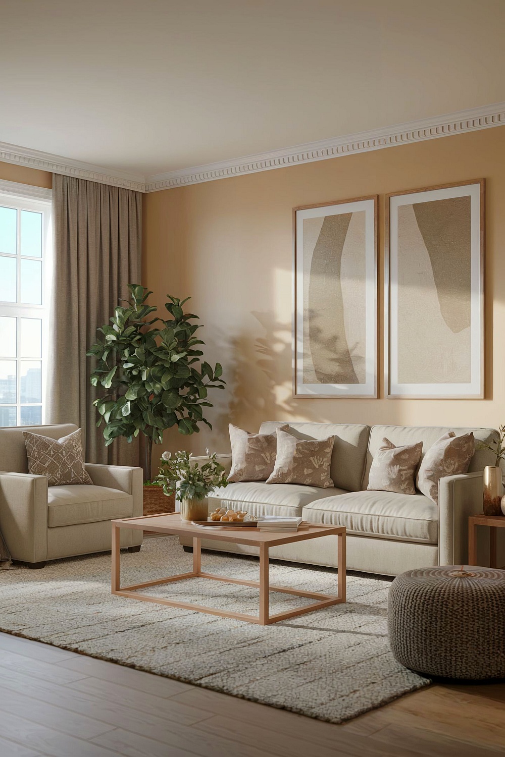 Modernes Wohnzimmer in Beige mit gemütlicher Einrichtung, dezenten Erdtönen und einer harmonischen Farbabstimmung. Das neutrale Beige-Wohnzimmer-Design kombiniert stilvolle Möbel mit natürlichen Akzenten für eine warme und einladende Atmosphäre.