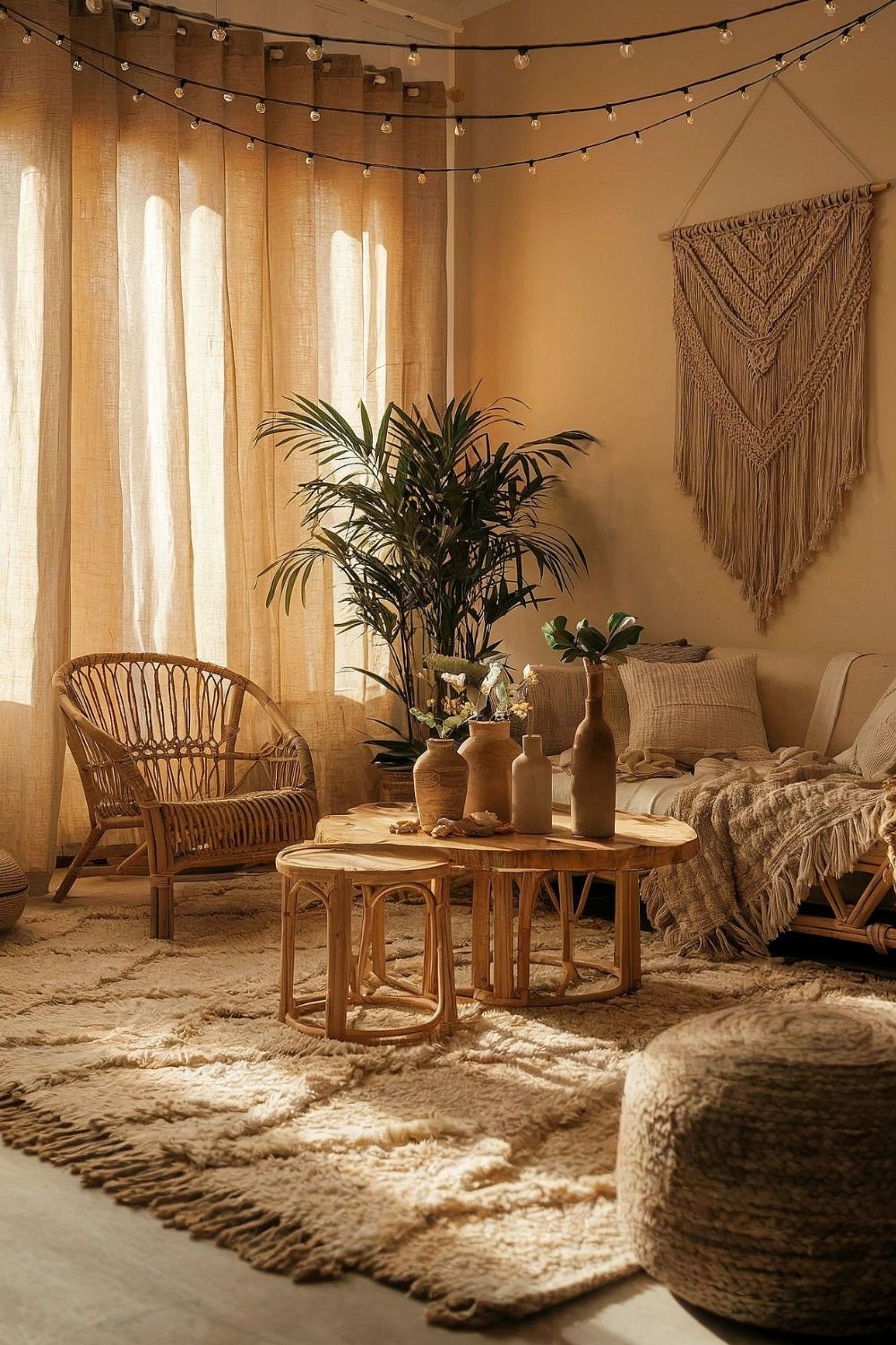 Ein stilvolles Boho Wohnzimmer mit Naturmaterialien und Rattanmöbeln, darunter ein Rattansessel, ein niedriger Holztisch und ein Pouf. Die Farbpalette besteht aus warmen Erdtönen und warmen Naturtönen, während Makramee-Wandkunst, weiche Kissen und eine dezente Lichterkette für eine gemütliche Atmosphäre sorgen.