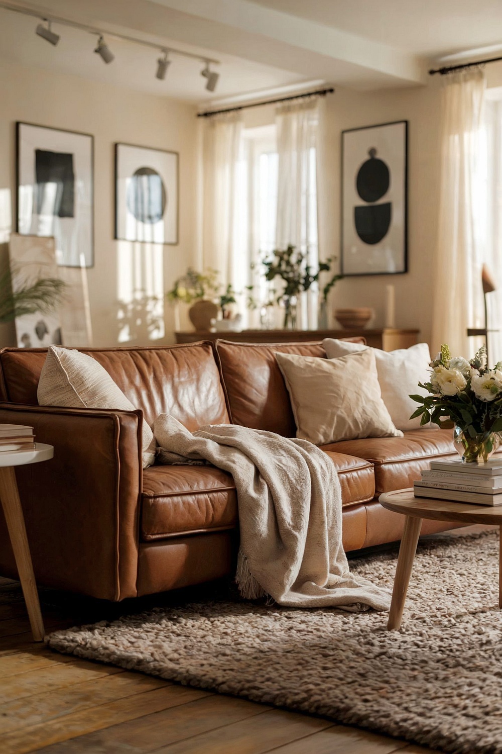 Wohnzimmer Idee mit einer braunen Ledercouch.