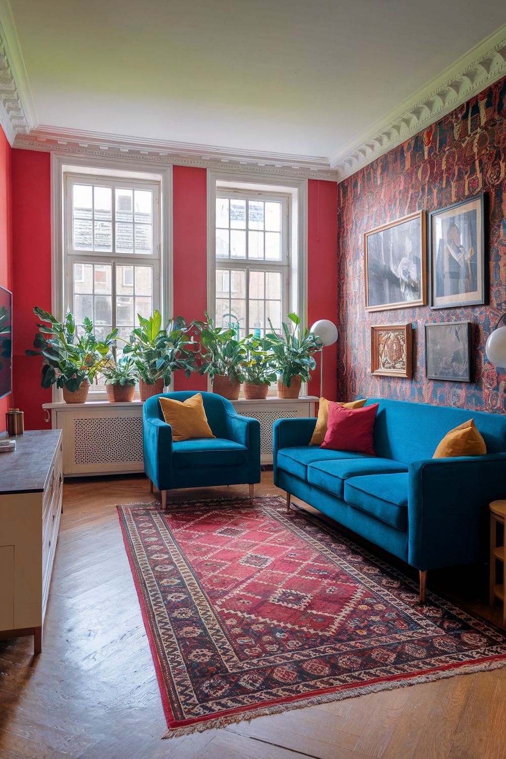 Ein lebendiges, farbstarkes Wohnzimmer mit roten Wänden, einem blauen Polstersofa, bunt gemustertem Teppich und üppigen Grünpflanzen, die zusammen einen fröhlichen und einladenden Eindruck vermitteln.
