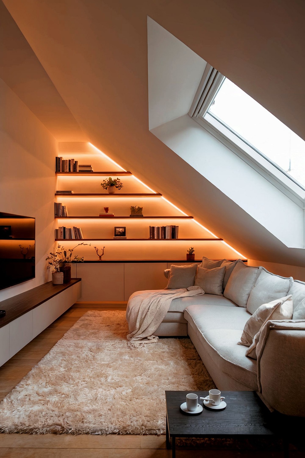 Ein stilvoll eingerichtetes Dachgeschoss Wohnzimmer mit clever integrierten Regalen unter einer Dachschräge, ergänzt durch warmes Ambiente-Licht, das eine gemütliche Atmosphäre schafft und inspirierende Ideen zur Dachgeschosswohnung Einrichtung bietet.