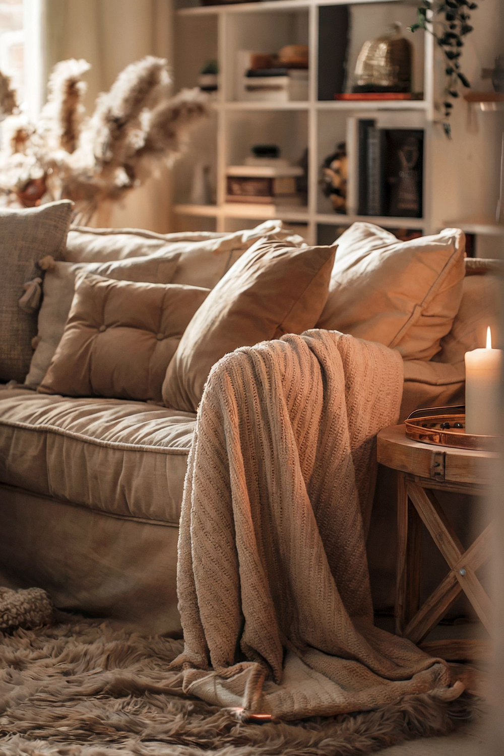 Ein stilvolles Wohnzimmer mit warmen Beige- und Erdtönen. Das weiche Sofa ist mit gemütlichen Kissen dekoriert, eine Strickdecke liegt darüber. Ein flauschiger Teppich und ein kleiner Beistelltisch mit einer brennenden Kerze verleihen dem Raum eine besonders einladende Note. Perfekte Wohnzimmer Inspiration für ein gemütliches Zuhause.