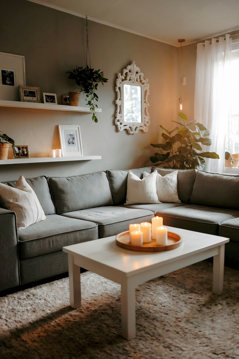 Ein harmonisch gestaltetes Wohnzimmer mit einem großen grauen Sofa, dekoriert mit weißen Kissen, Pflanzen und warmem Kerzenlicht, bietet inspirierende Wohnzimmer Einrichtungsideen und zeigt, wie man ein Wohnzimmer mit grauem Sofa einrichten kann.