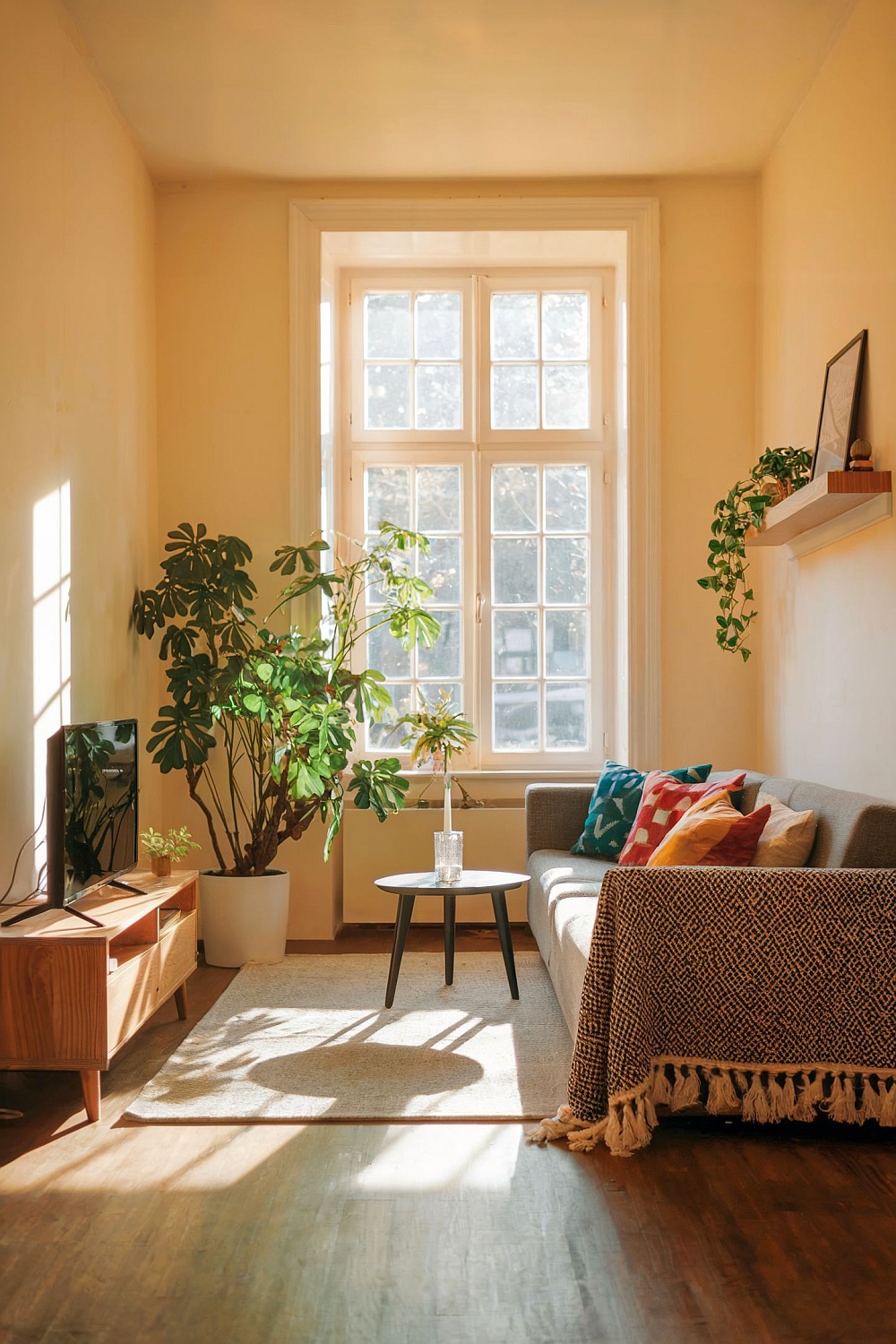 Modernes kleines Wohnzimmer mit gemütlichem Sofa, dekorativen Kissen, Platz sparenden Möbeln und einer natürlichen Farbpalette. Große Fenster lassen Sonnenlicht herein, während Zimmerpflanzen und stilvolle Wohnaccessoires für eine gemütliche Atmosphäre sorgen.