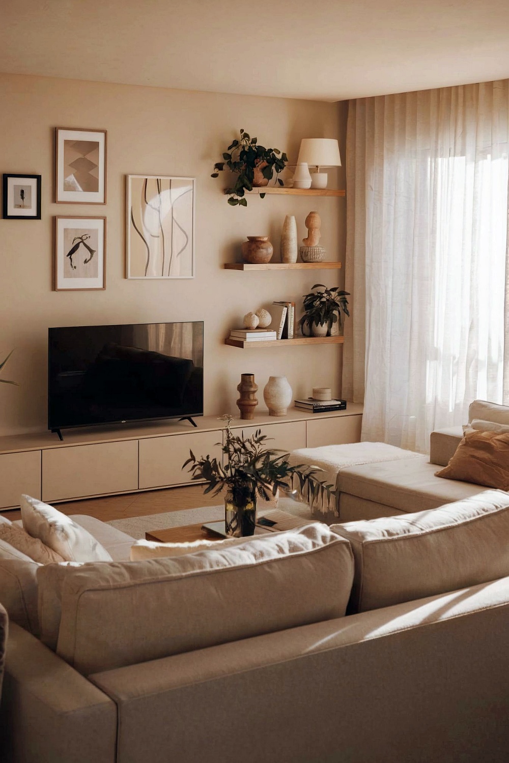 Ein harmonisch eingerichtetes Wohnzimmer mit sanften Erdtönen, dekorativen Wandideen und minimalistischen Kunstwerken. Warme Wandfarben, dezente Holzakzente und einladende Lichtquellen schaffen eine gemütliche Atmosphäre.