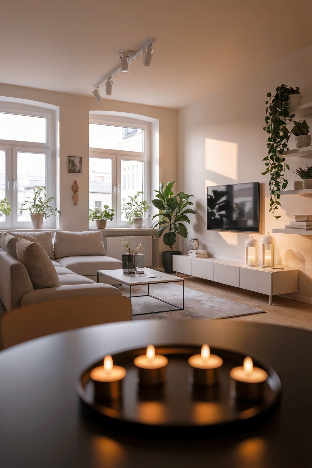 Modernes Apartment-Wohnzimmer mit einer hellen Couch, minimalistischen Möbeln und stilvoller Dekoration. Große Fenster bringen viel Tageslicht in den Raum, während Pflanzen und warme Lichtquellen für eine einladende Atmosphäre sorgen.