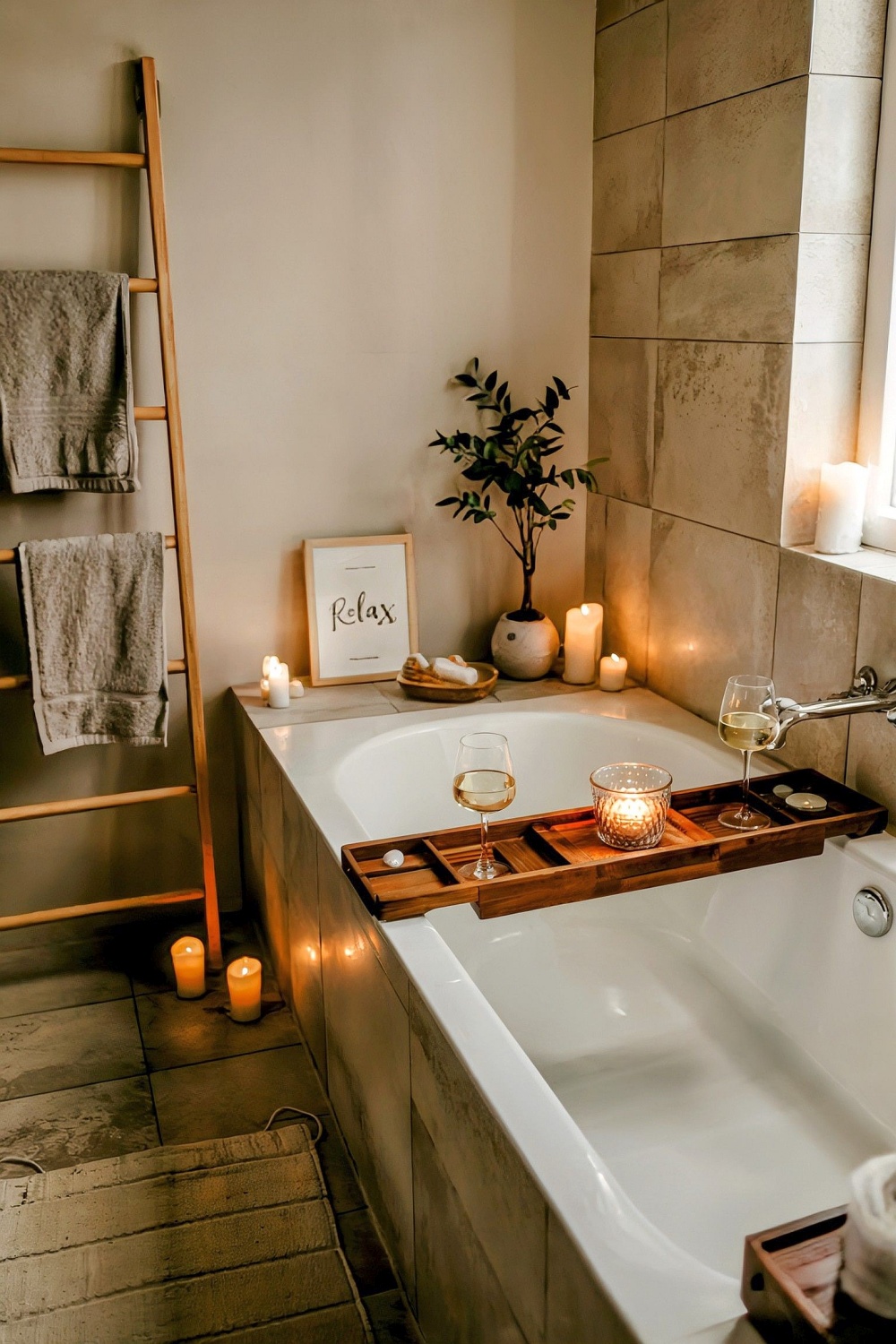Gemütliche Badewanne dekoriert mit Kerzen, Relax Bild, einer Pflanze, Holzablage und Weingläsern