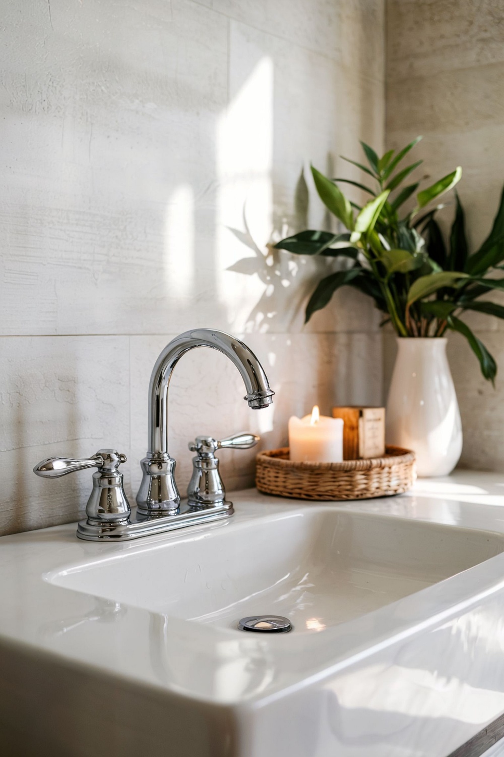 Dekoriertes Badezimmer-Waschbecken mit glänzendem Wasserhahn, Kerze, Pflanze im weißen Krug und Tablett auf heller Fläche.