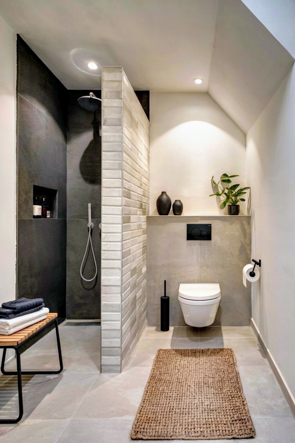 Modernes, kleines Badezimmer mit begehbarer Dusche, dunklen und hellen Fliesen, WC, dezente Deko