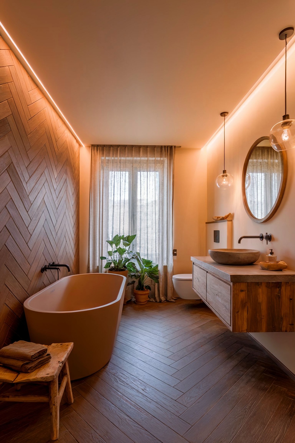 Badezimmer mit Fischgrät-Holzfliesen, freistehender Wanne, Holzwaschtisch, runder Spiegel und Zimmerpflanzen.