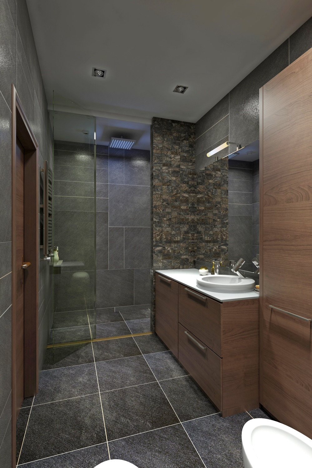 Modernes Bad mit dunklen Fliesen, Natursteinwand, Holzfronten und bodengleicher Dusche in anthrazit und braun.