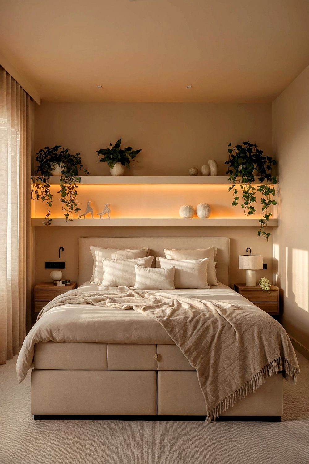 Ein modernes Schlafzimmer in Beige mit einer gemütlichen Bettgestaltung, eleganter indirekter Beleuchtung und stilvollen Deko-Elementen wie Pflanzen und Keramikaccessoires.