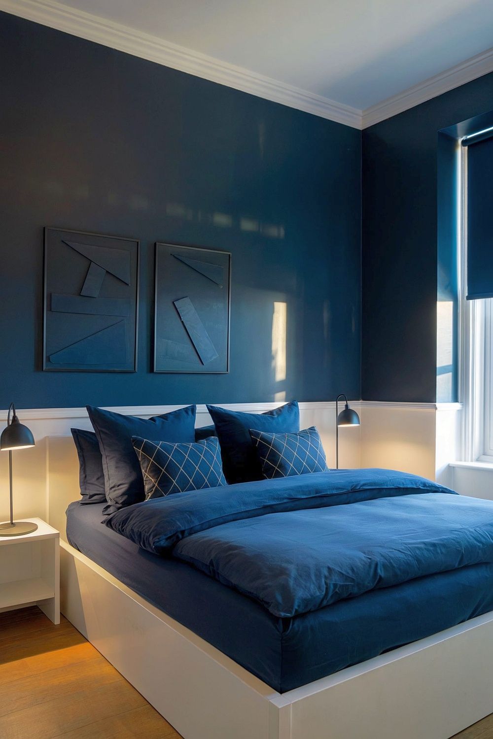 Modern eingerichtetes Schlafzimmer mit blauer Wand, blauer Bettwäsche und weißen Nachttischen.
