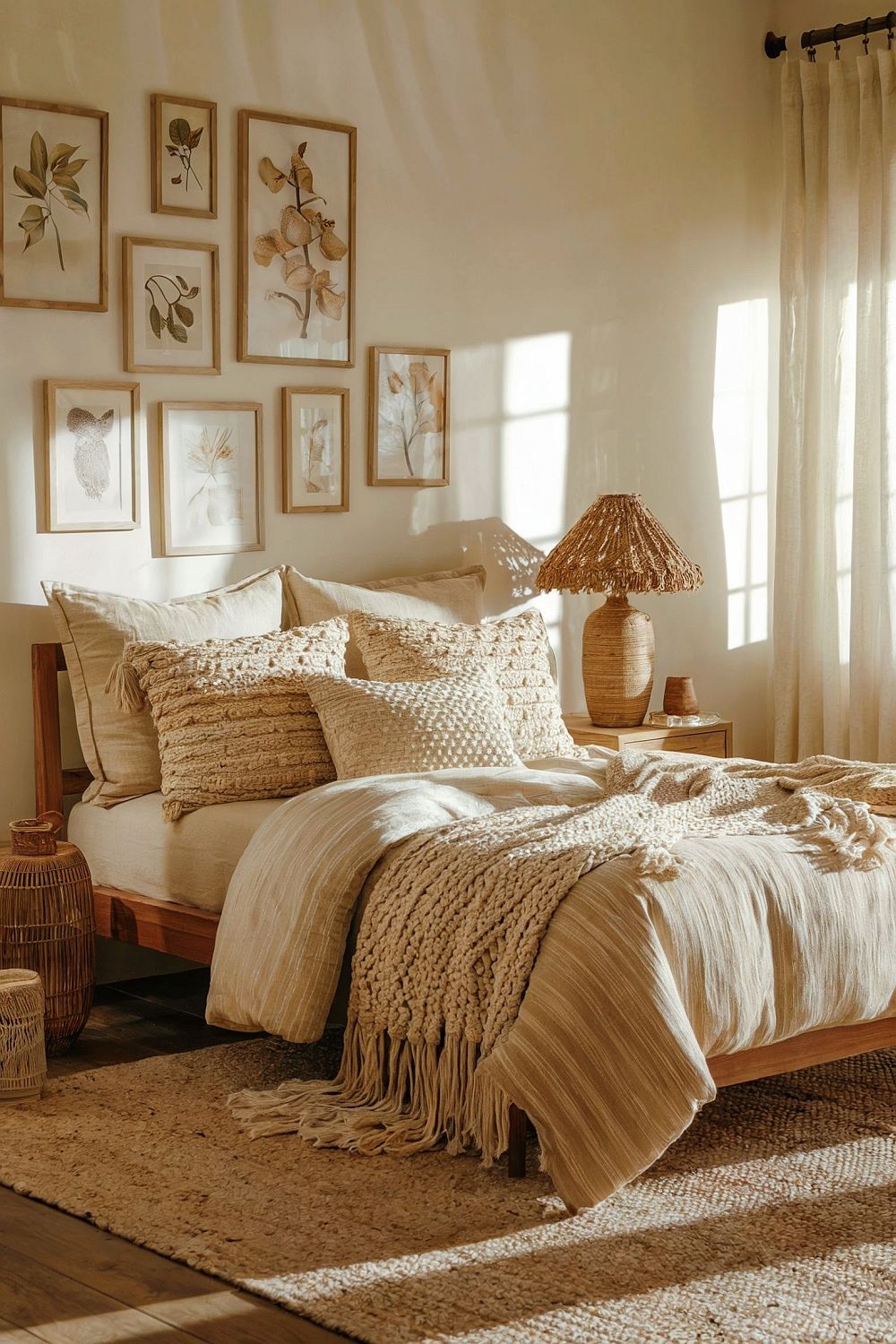 Boho-Schlafzimmer mit natürlichen Materialien wie Holz, Rattan und Leinen.