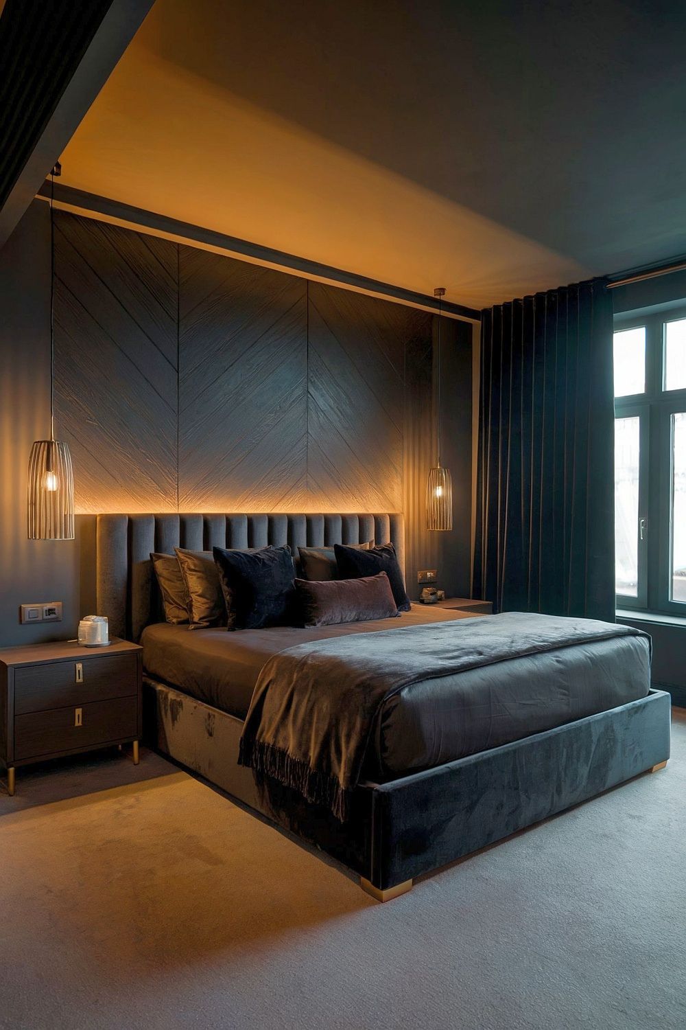 Ein modernes, dunkles Schlafzimmer mit eleganter Einrichtung und einer Kombination aus schwarzen und anthrazitfarbenen Wänden, indirekter Beleuchtung, luxuriöser Samtbettwäsche sowie Pendelleuchten.