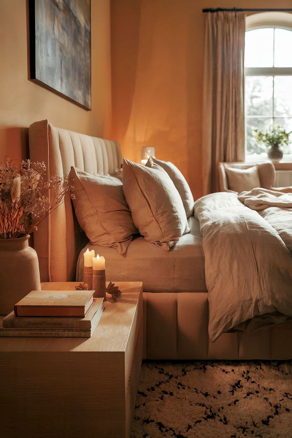Gemütliches Schlafzimmer mit beigem Polsterbett, weicher Leinenbettwäsche, stimmungsvoller Beleuchtung, Nachttisch mit Kerzen, Büchern und Trockenblumen.