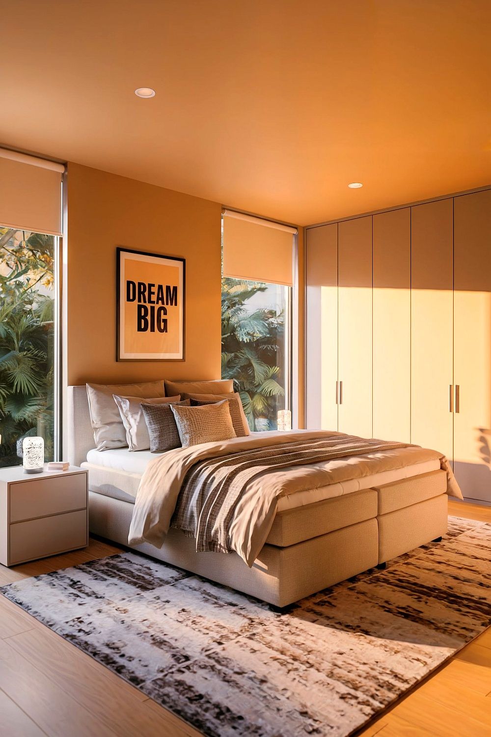 Ein modernes Schlafzimmer mit einem grauen Bett als Mittelpunkt, umgeben von neutralen Wänden, schönen Textilien und großen Fenstern.