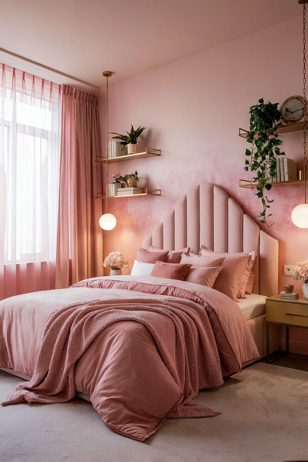 Schlafzimmer in Rosatönen, mit Polsterbett, gemütlicher Decke und Kissen, goldenen Regalen, Pflanzen und sanftem Tageslicht.