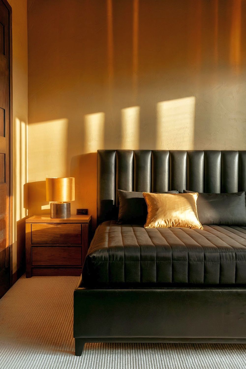 Ein modern eingerichtetes Schlafzimmer mit einem schwarzen Bett, goldfarbenem Kissen und hölzernem Nachttisch.