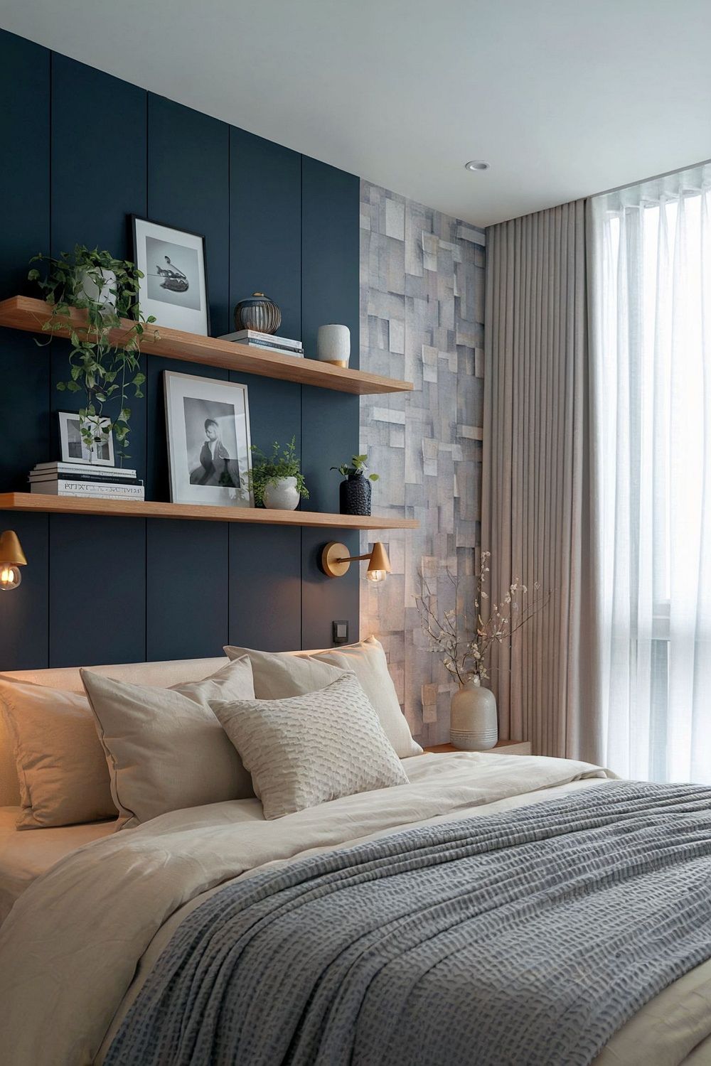 Schlafzimmer mit dunkler Wandverkleidung, warmen Holzelementen und eleganten Deko-Ideen.
