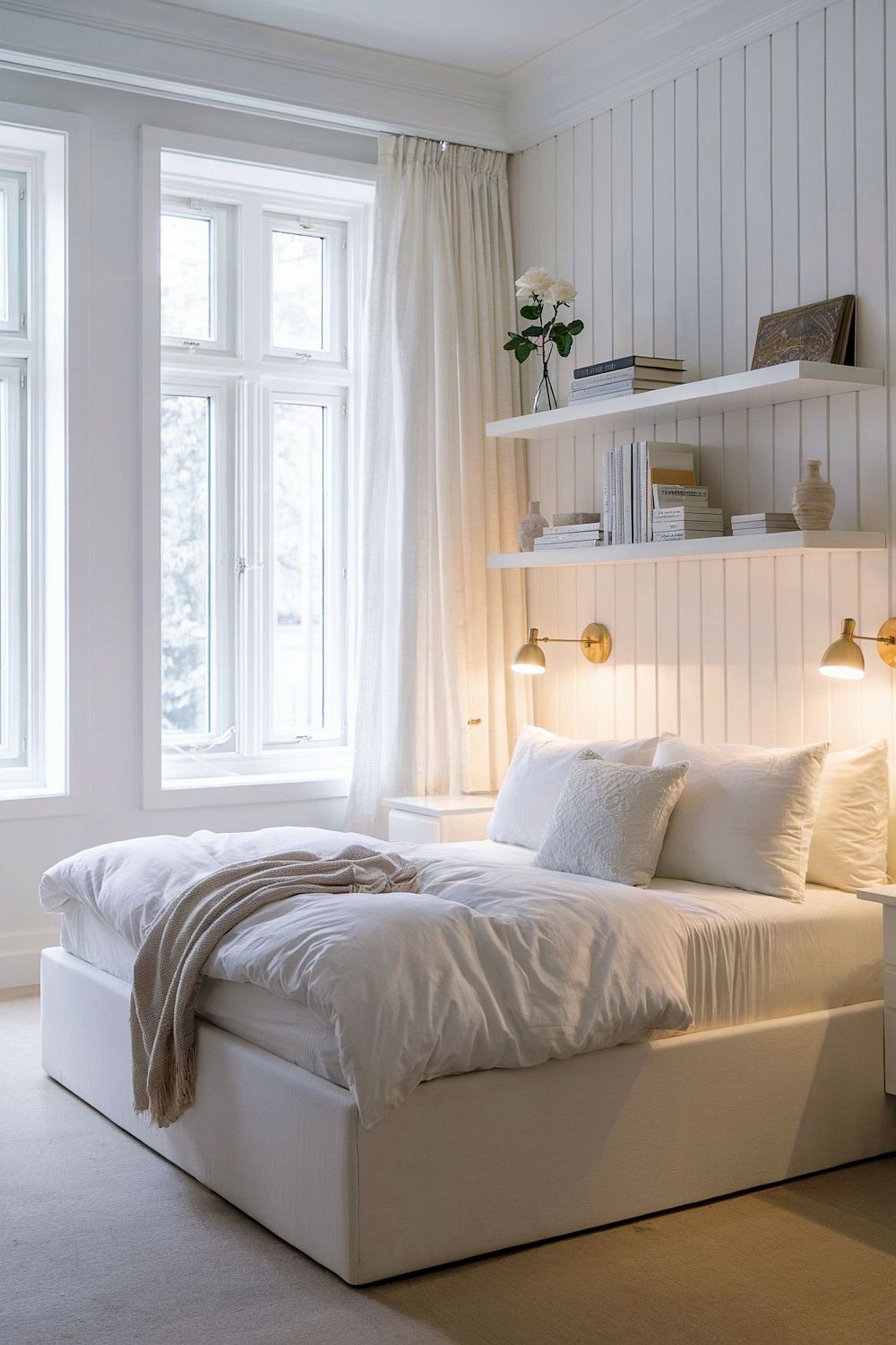 Helles Schlafzimmer in Weiß mit weicher Bettwäsche, dezenten goldenen Wandlampen und dekorativen Wandregalen, Büchern und Vasen sowie große Fenster, die viel Tageslicht hereinlassen.