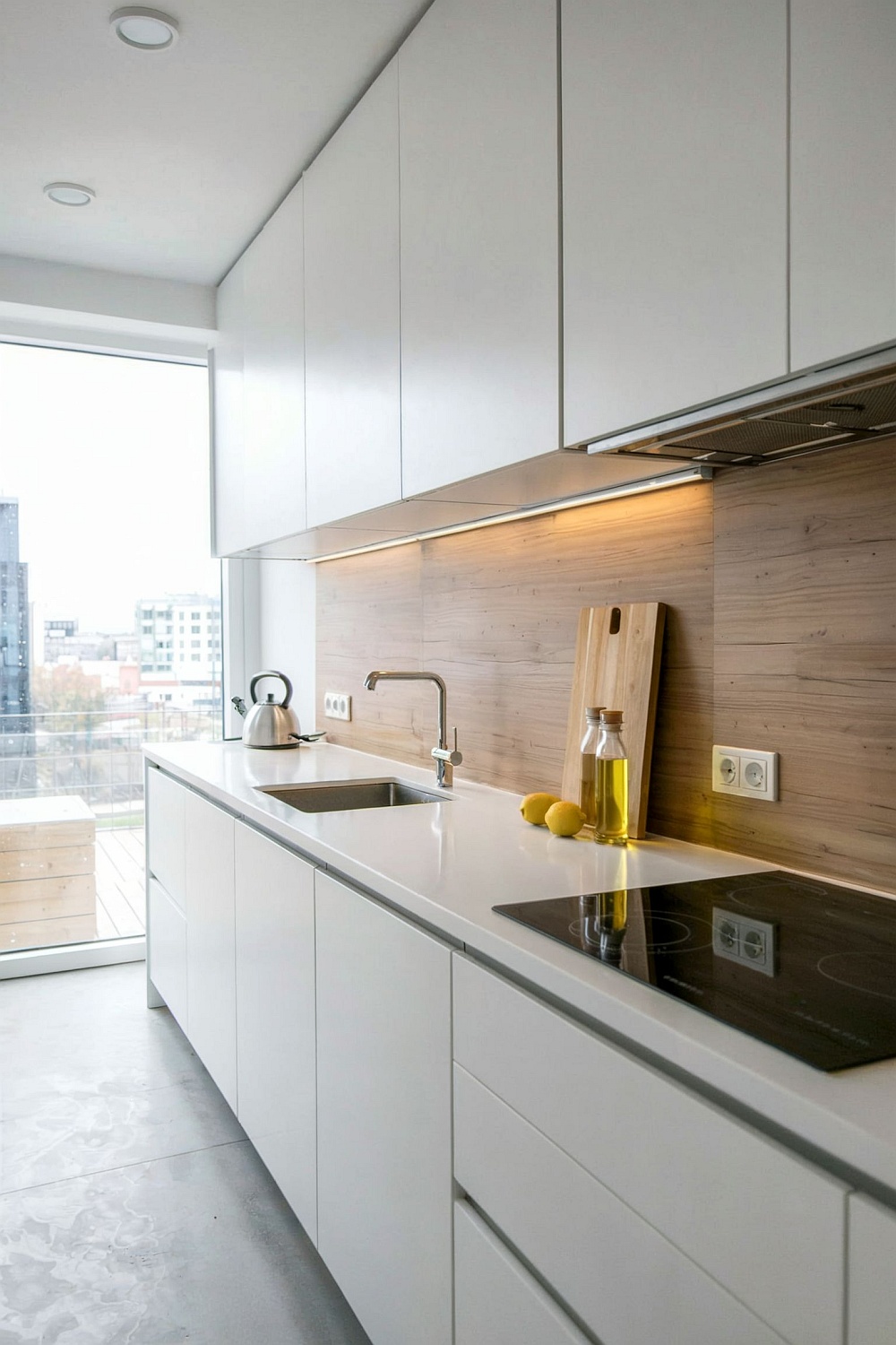 Eine moderne weiße Küche mit Holzrückwand, die durch integrierte Unterbauleuchten effektvoll beleuchtet wird.