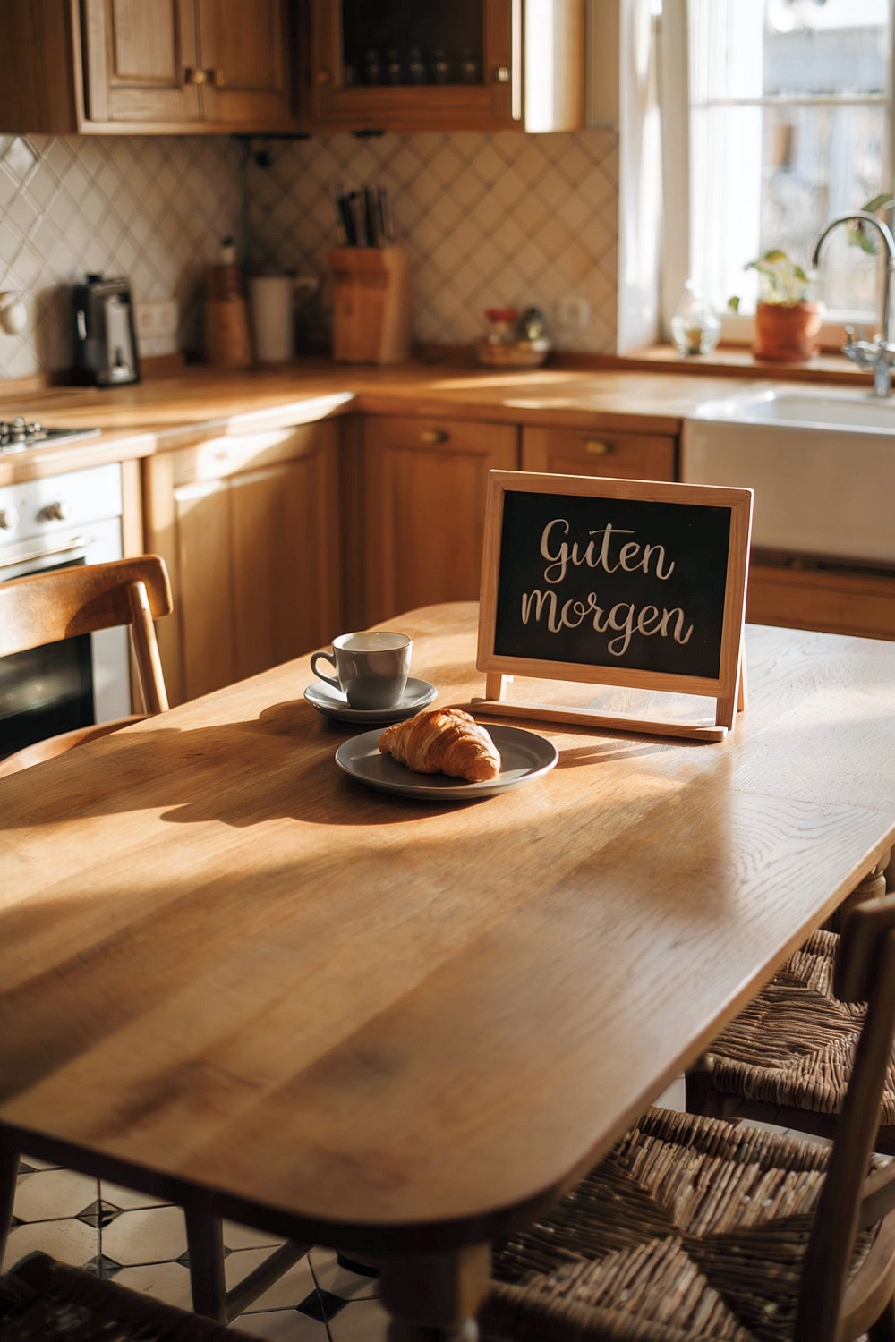 Eichenküche mit warmen Holzfronten, kleinem Tisch und rustikalem Flair
