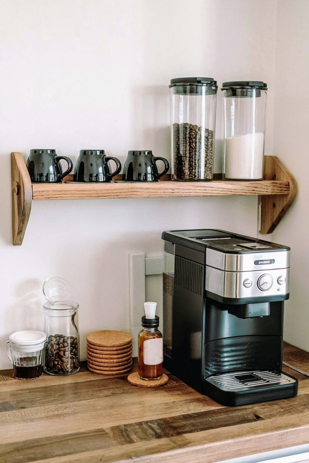 Eine Kaffeeecke in der Küche mit einer modernen Kaffeemaschine, schwarzen Tassen auf einem Holzregal und Vorratsgläsern für Kaffeebohnen und Zucker.