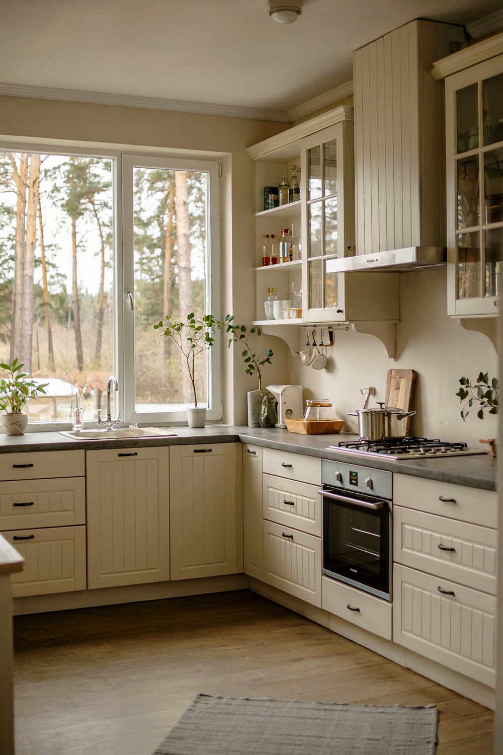 Gemütliche Landhausstil-Küche mit beige-weißen Schränken, Holzdetails, großem Fenster, Pflanzen und hellen Akzenten.