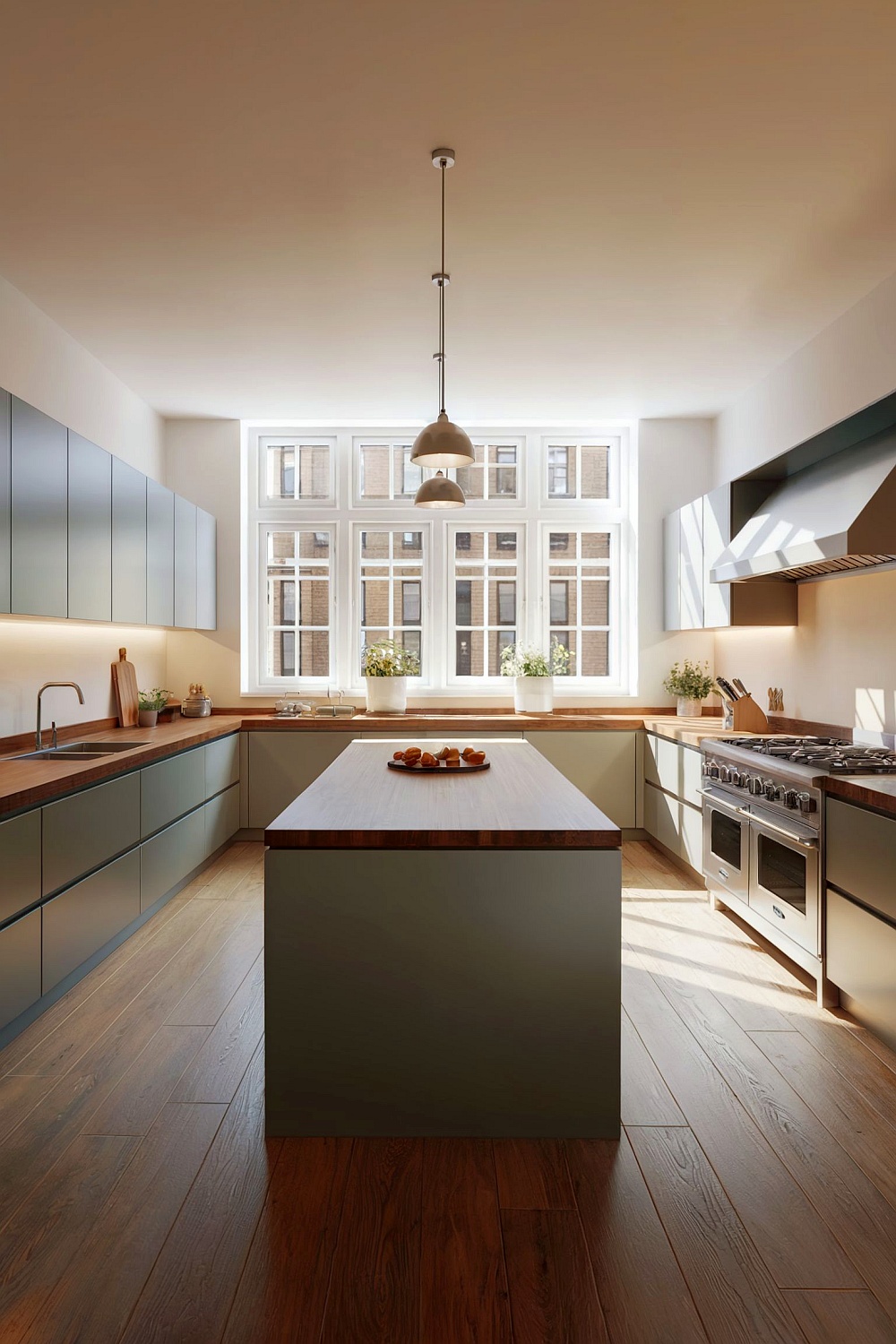 U-förmige Küche mit zentraler Insel und modernen Holzdetails, funktional und stilvoll.