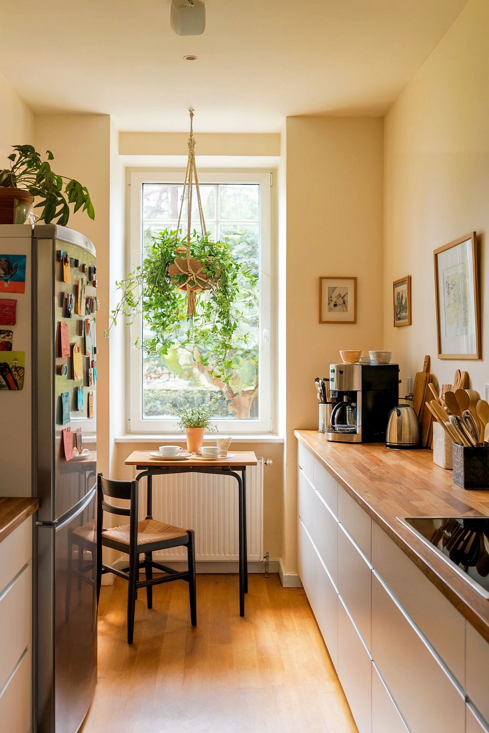 Kleine Küche mit hängender Pflanze, hellem Holz und platzsparendem Tisch für eine freundliche, offene Atmosphäre.