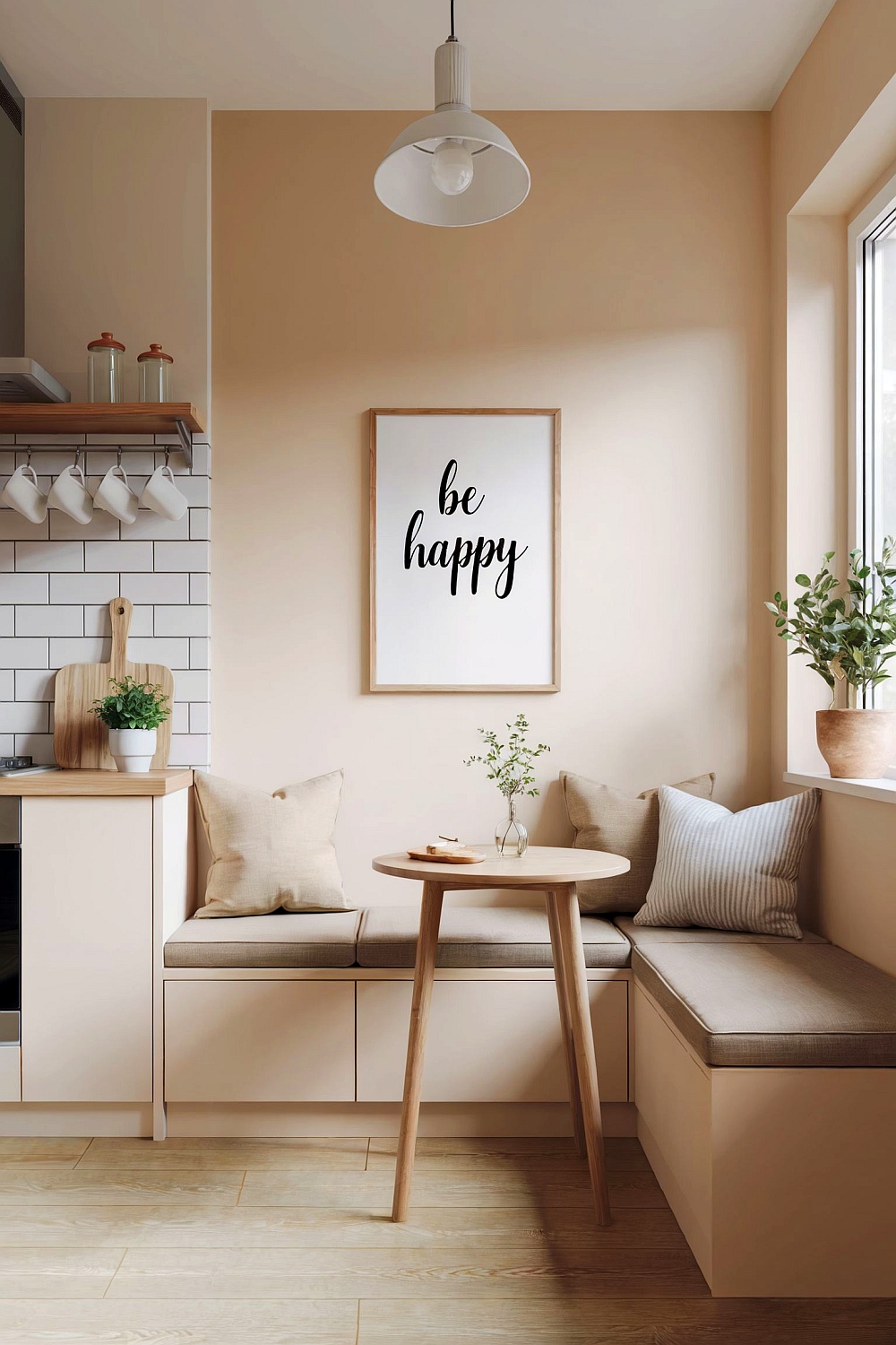 Eine gemütliche, hellbeige Küche mit einer Eckbank, einem kleinen Holztisch, weißen Metrofliesen als Spritzschutz und einem gerahmten "be happy"-Schriftzug an der Wand.