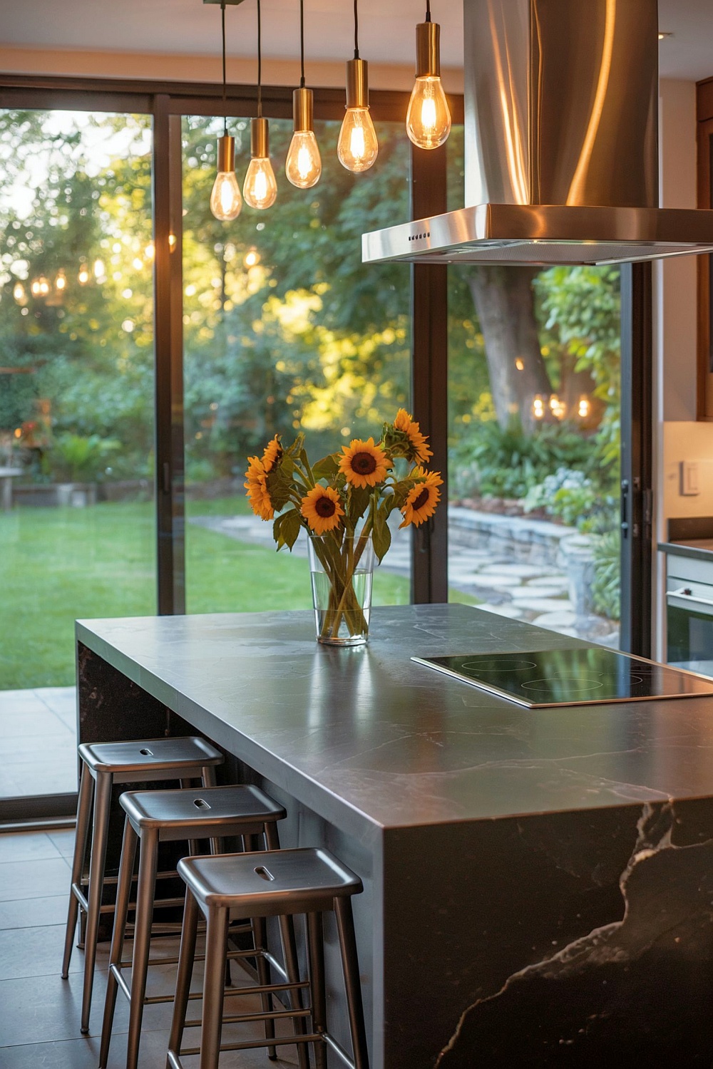 Eine moderne Küche mit schwarzer Marmor-Kochinsel, integriertem Kochfeld, drei Barhockern und großen Glasfenstern, die einen Blick in einen grünen Garten freigeben.