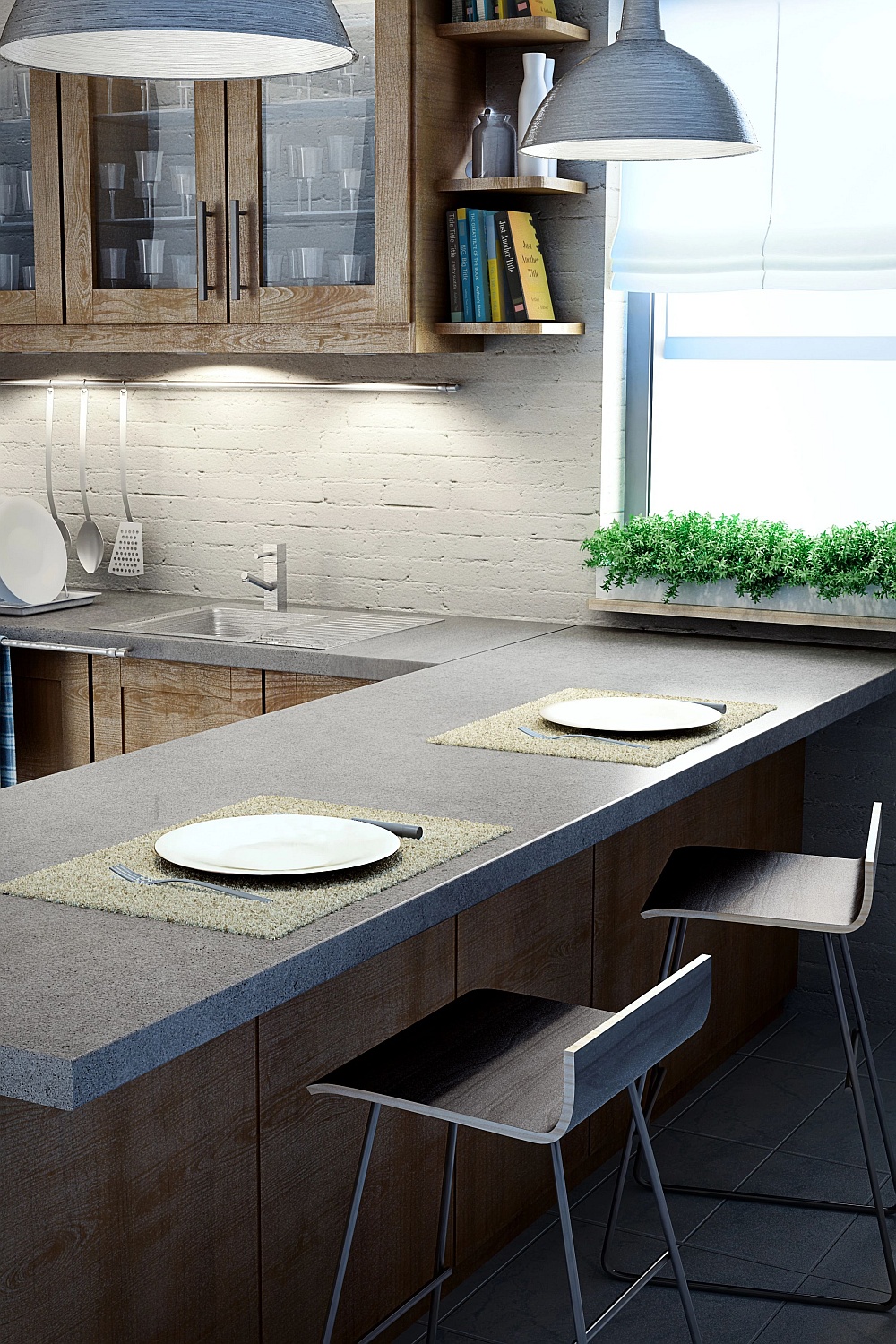 Eine moderne Küche in warmen Holztönen mit einer anthrazitfarbenen Arbeitsplatte, die in eine gemütliche Theke mit zwei eleganten Barhockern übergeht, ergänzt durch indirekte Beleuchtung, offene Regale und eine frische Pflanzenbox am Fenster