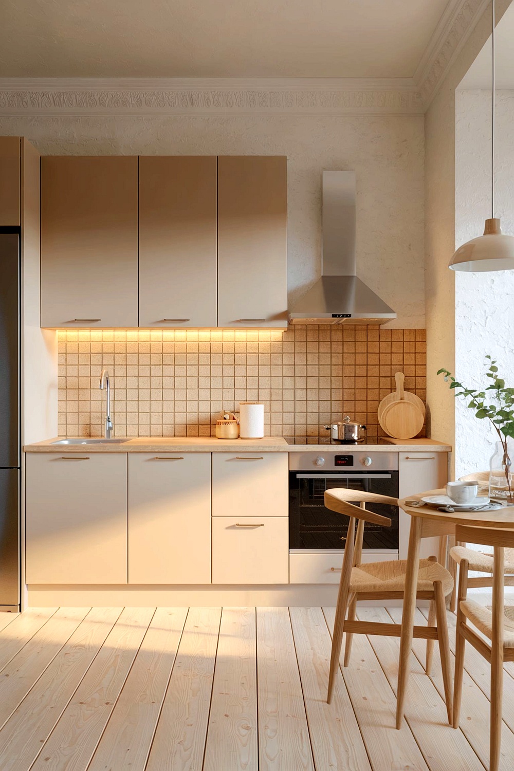 Moderne Küche mit sandbeigen Küchenfronten und hellem Holzboden plus heller Beleuchtung.