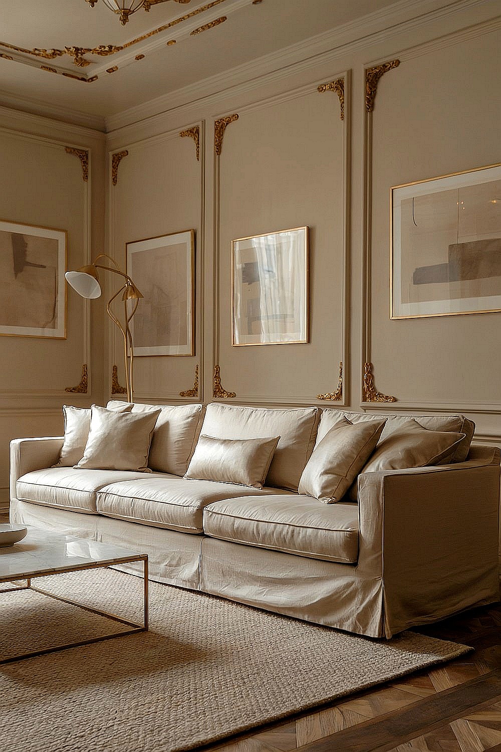 Elegantes Wohnzimmer in Beige und Gold mit beigem Sofa, goldenen Akzenten und schicker Wanddeko.