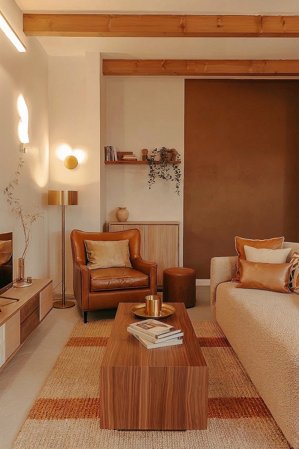 Wohnzimmer mit Farbtönen in Beige. Gold und Braun, eleganter Dekoration, gemütlicher Sitzecke und modernen Holzmöbeln.