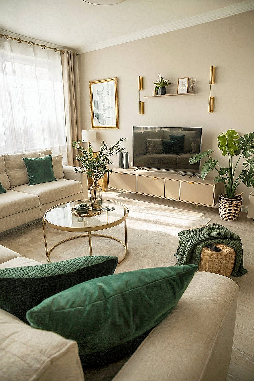 Moderner, beiger Wohnraum mit goldenen Akzenten, Glas-Couchtisch, Pflanzen und grünen Kissen.