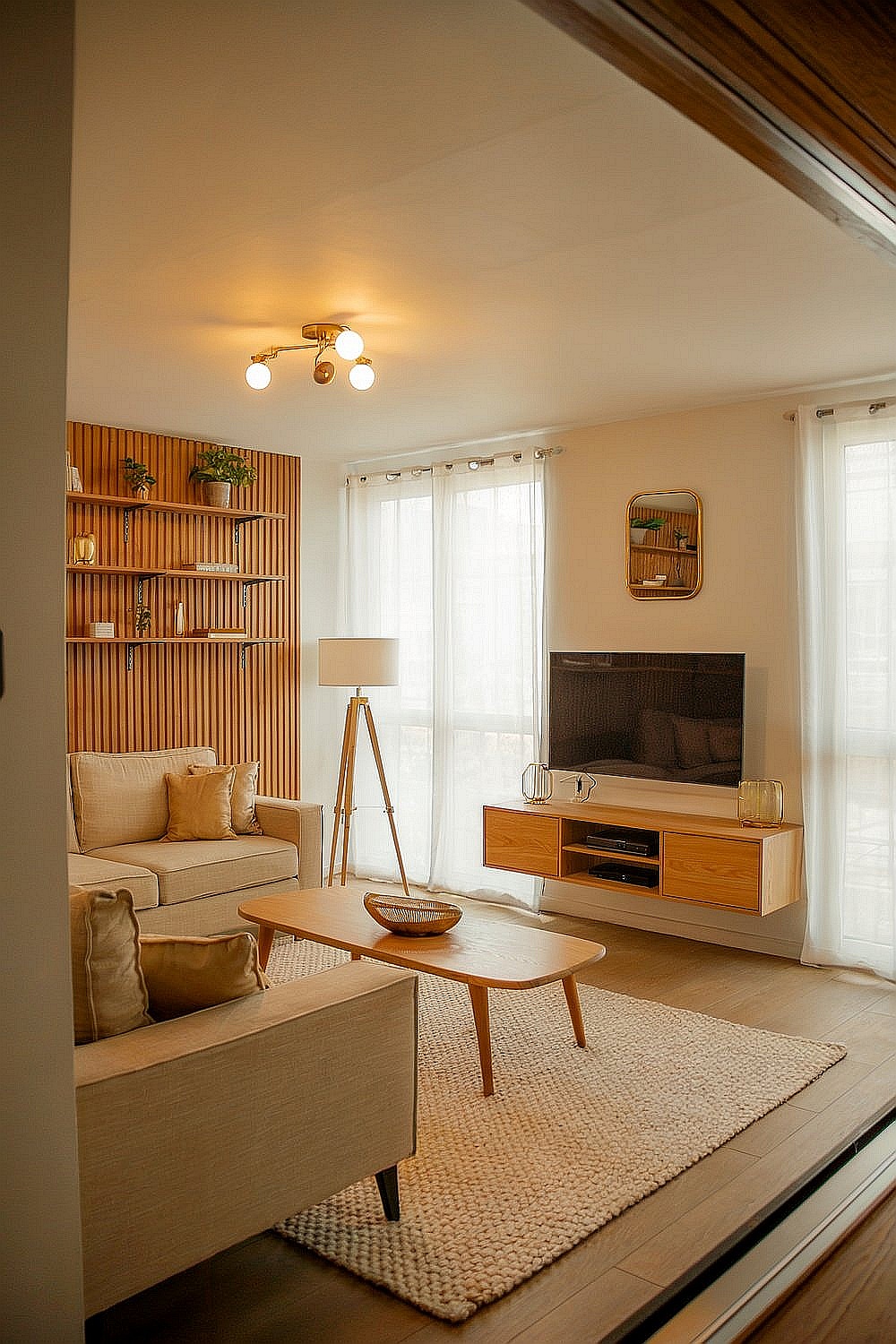 Modernes und gemütliches Wohnzimmer mit Farbtönen in Beige, Naturholz, Holz-Wandverkleidung, Möbel und dezenten Goldakzenten.