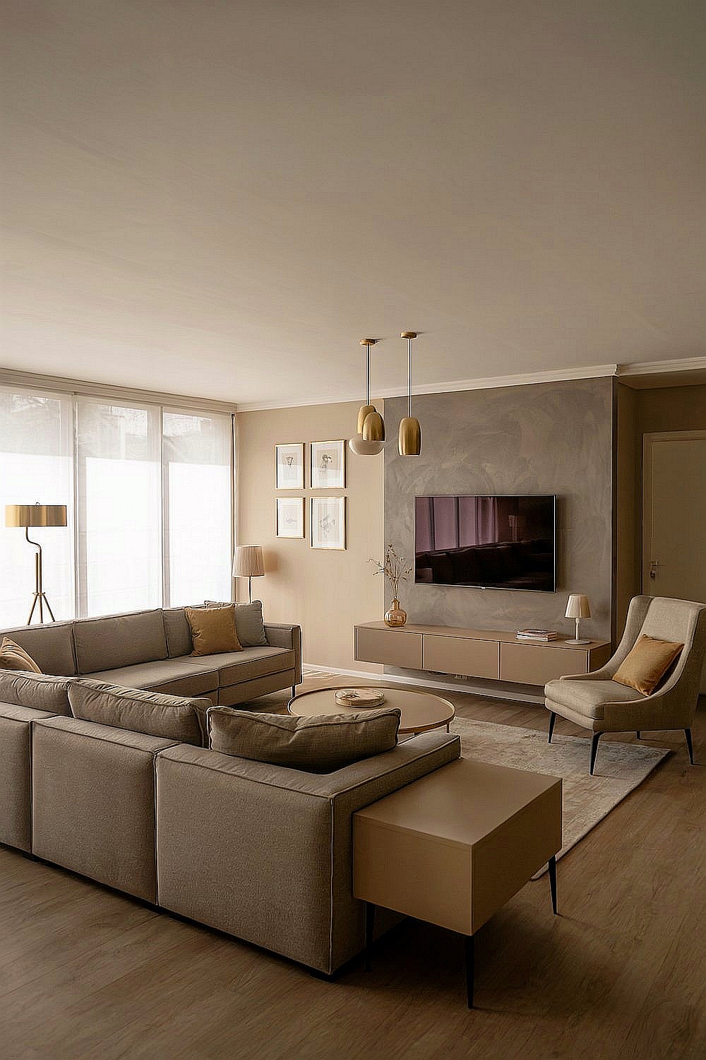 Helles Wohnzimmer mit beigen Möbeln, Akzenten in Gold, moderner Dekoration und grauer TV Wand.