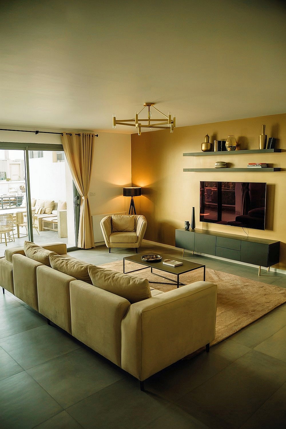 Beiges Wohnzimmer mit goldenen Akzenten, moderner Deko, schwarzen Möbeln und elegantem Sofa sowie Sessel.