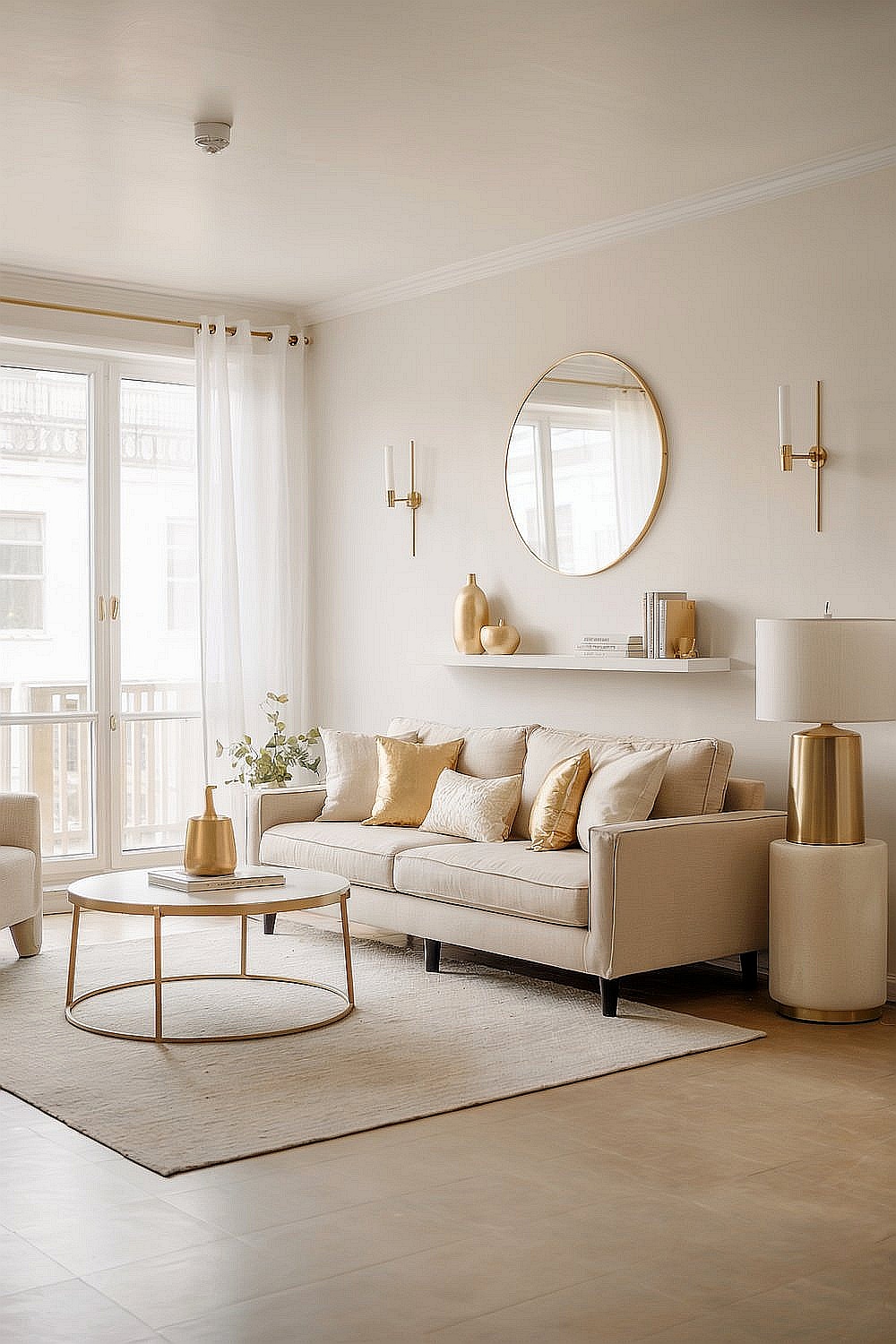 Beige-weißes, modernes Wohnzimmer mit eleganter Deko in Gold, weißen Gardinen und großem eleganten Spiegel an der Wand.