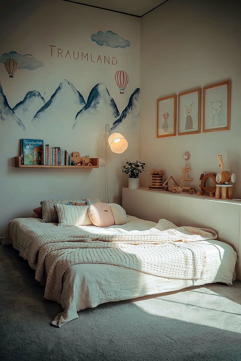 Gemütliches Kinderzimmer mit Bergmotiv, Bildern und Bücherregal an den Wänden als Inspiration zur Kinderzimmer Wandgestaltung und Streichen Ideen.