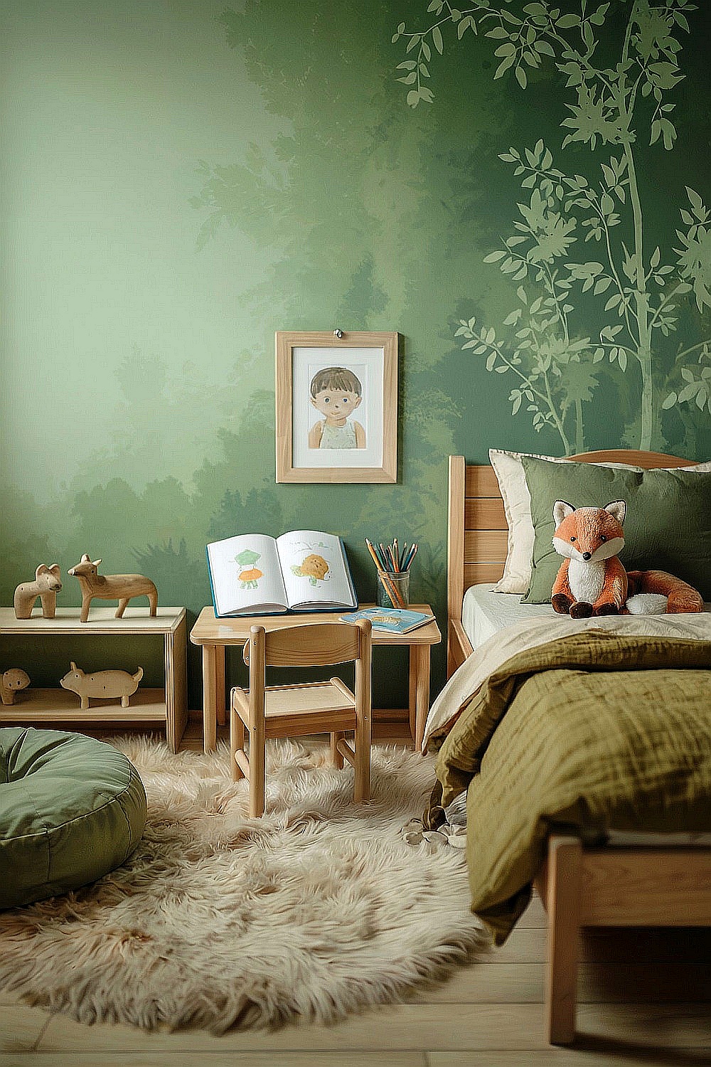 Kinderzimmer Ideen grün: Waldzimmer mit Holzmöbeln, Fuchskuscheltier & Waldmotiv-Wandgestaltung