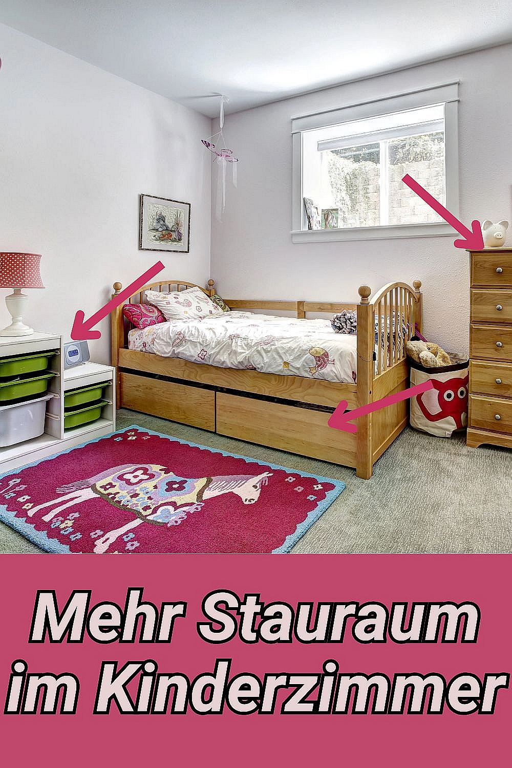 Kinderzimmer Stauraum Idee mit Bettschubladen, Kommode und Aufbewahrungsregalen platzsparend