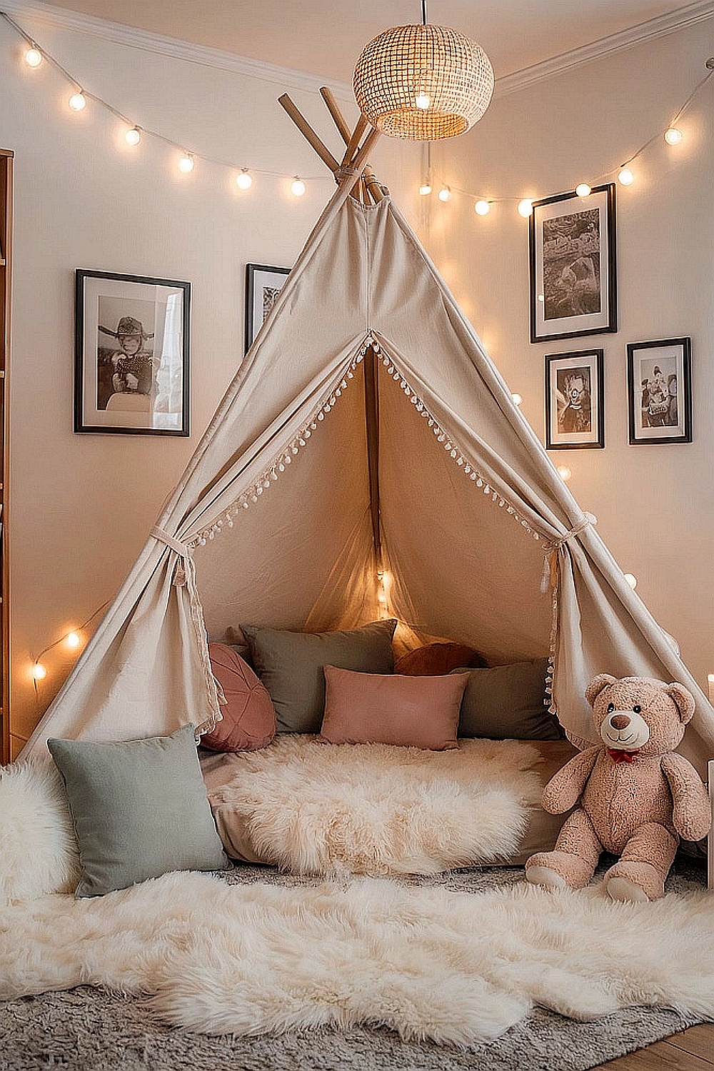 Tipi-Zelt mit Lichterketten und Teddybär als Sitzecke, Leseecke oder Kuschelecke im Kinderzimmer