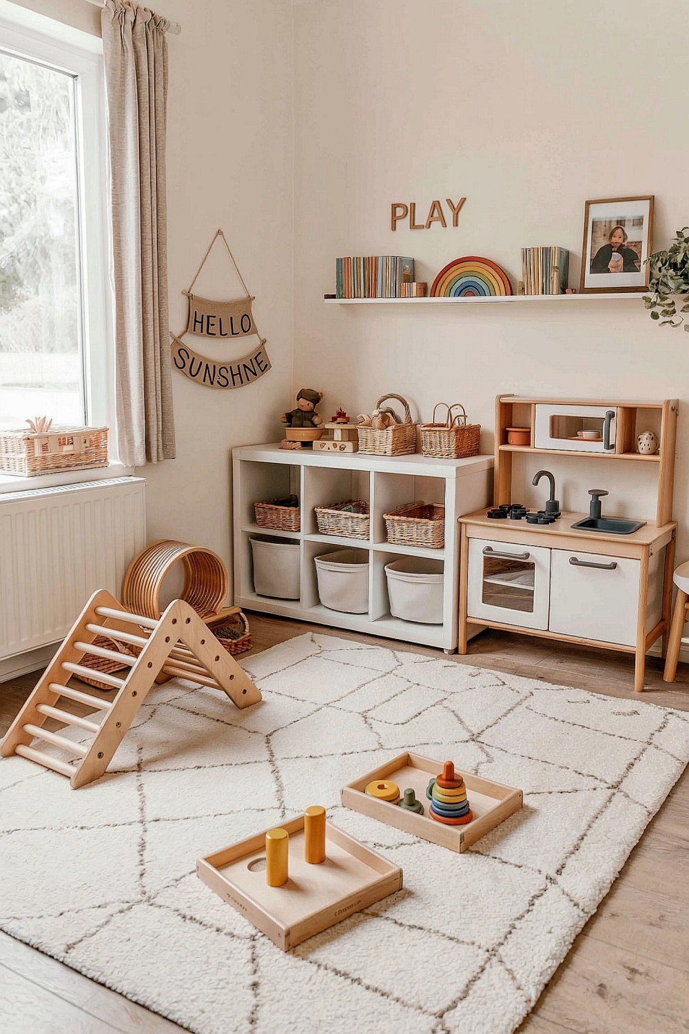 Montessori Kinderzimmer mit Holzspielzeug, Spielküche und Raumgestaltung