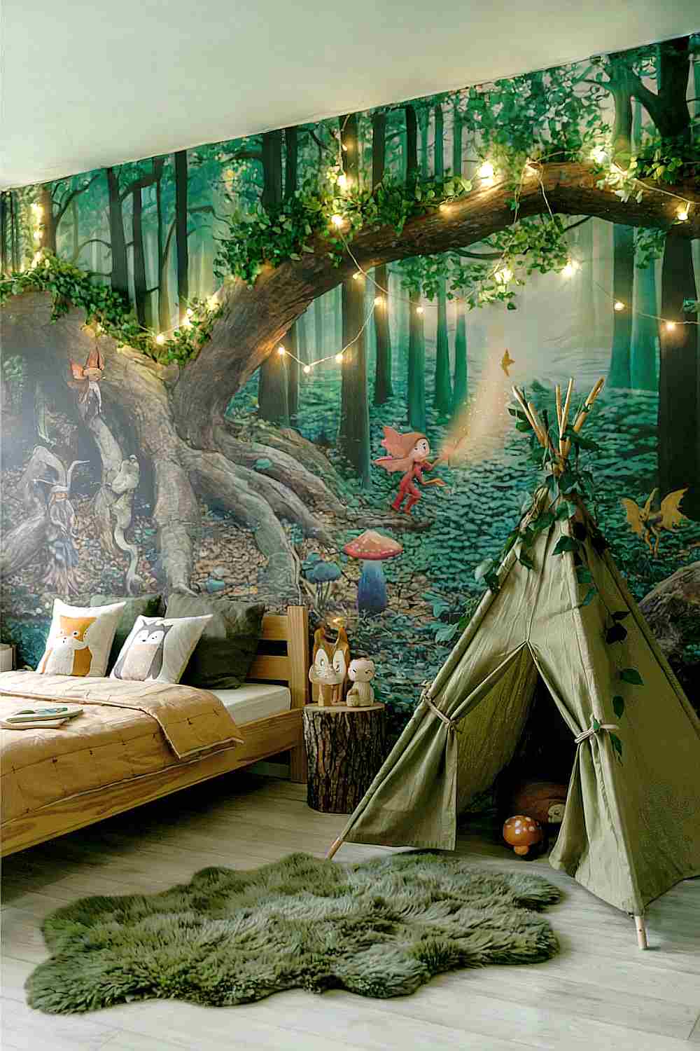 Kreative Zauberwald Kinderzimmer Idee mit Waldmural, Tipi und Lichterketten